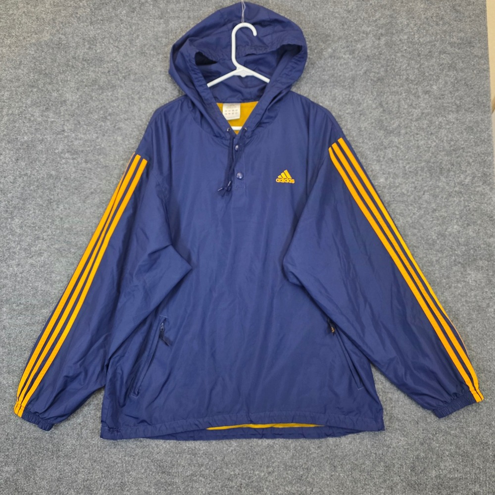 Vintage Adidas Windbreaker Jacket Mens L Blue Yellow 3-Stripe Hooded Vented  90s